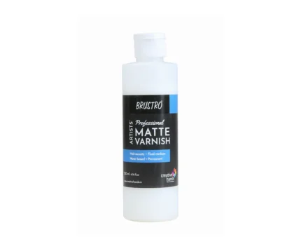 Brustro Professional Artists Matte Varnish 200ml bottle with non-yellowing formula, matte finish for canvas and multi-surface use, ideal for protecting artwork from dust, moisture, and UV rays.