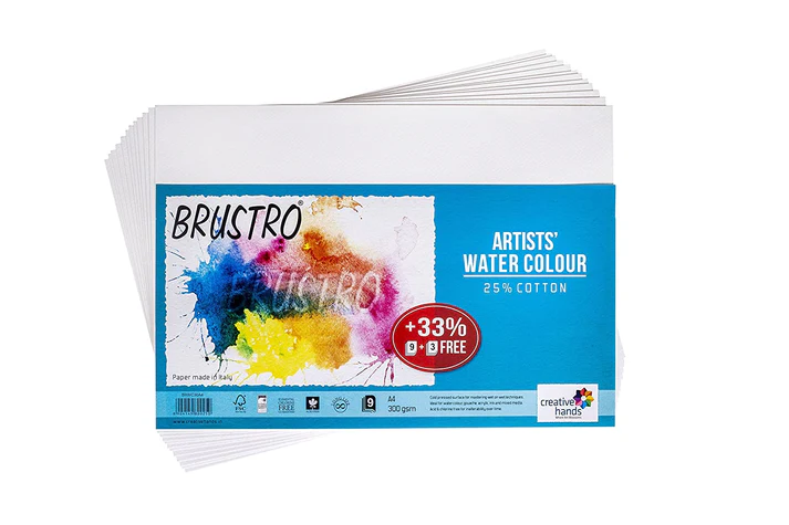 Pack of 12 Brustro Artists Watercolour Paper Sheets in A4 size, 300 GSM with 25% cotton, cold pressed, ideal for fine art, drawing, and painting.