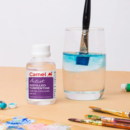 camlin Distilled Turpentine available in 100ml and 500ml bottles for artists, ideal for blending oil paints and cleaning brushes.