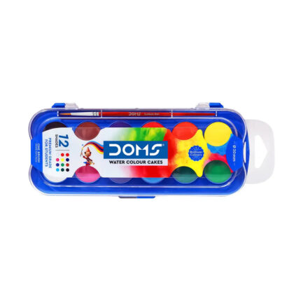 DOMS WaterColor Cakes set showcasing 12 assorted organic-rich colour pigments in a user-friendly palette with a brush, perfect for students and artists.