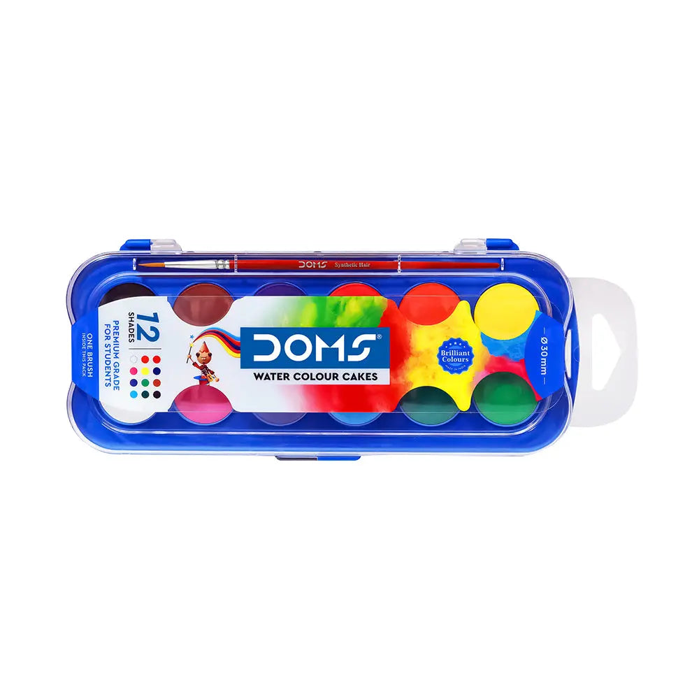 DOMS WaterColor Cakes set showcasing 12 assorted organic-rich colour pigments in a user-friendly palette with a brush, perfect for students and artists.