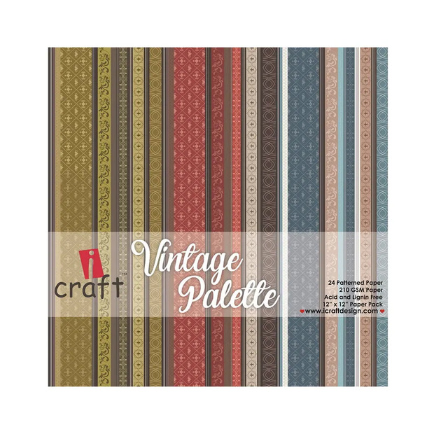 iCraft Paper Pattern 12x12 - VINTAGE PALATTE showcasing various vintage-inspired designs for scrapbooking and crafting.