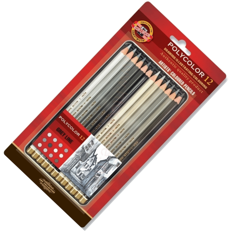 Kohinoor Hardtmuth Polycolor Artists Coloured Pencils – Grey Line Set Of 12 In Tin Box