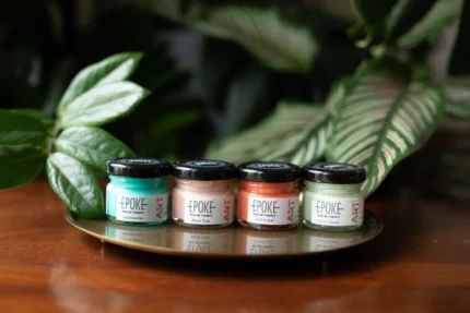 Four vibrant colors of Epoke Pastel POP Mini Pigment Kit Aquamarine, Lusty Green, Live Coral, and Blush Pink, 25g jars for resin art.