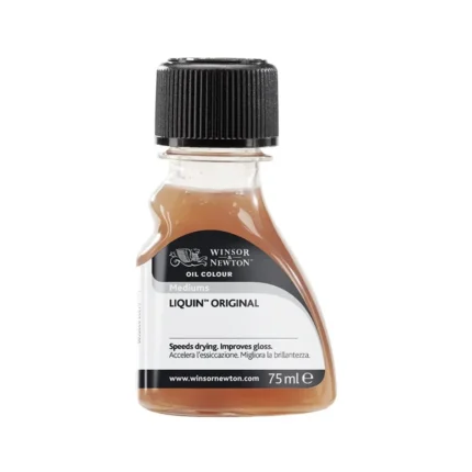A bottle of Winsor & Newton Liquin Original semi-gloss oil painting medium in 75ml, designed for fast drying, brushstroke reduction, and improved flow.