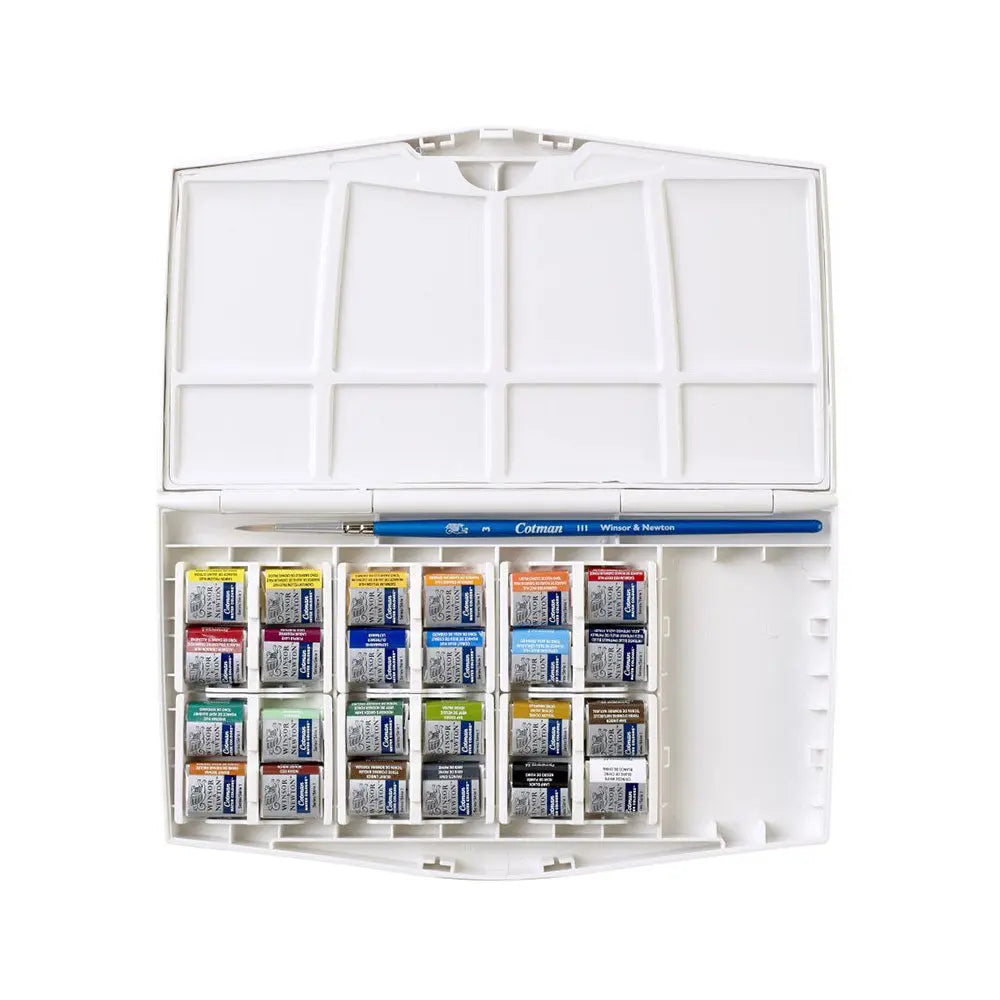 Winsor-_-Newton-Cotman-Water-Colours-Travel-Set-25-Half-Pans-Winsor-_-Newton-1667665782.jpg Winsor & Newton Cotman Watercolour Tube Set featuring 24 assorted half pans and a Cotman series 111 no. 3 brush with an integrated mixing palette.