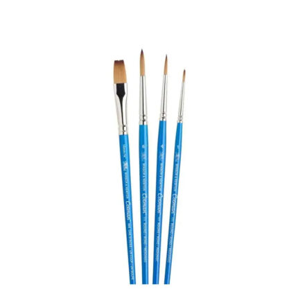 Close-up image of Winsor & Newton Cotman Brush Set of 4, including Round sizes 1, 4, 6, and a One Stroke 3/8" brush, all with short handles, ideal for versatile watercolour techniques.