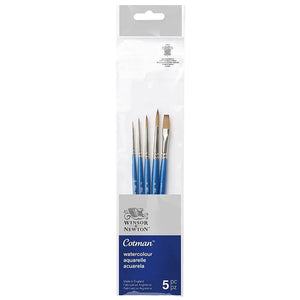 Cotman watercolour brush set with 5 high-quality synthetic brushes featuring ergonomic handles, ideal for various watercolour techniques from detailed strokes to broader applications.