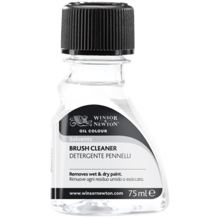 A bottle of Winsor & Newton Brush Cleaner, designed for removing dried acrylics, oils, and alkyds from brushes without damage or residue.