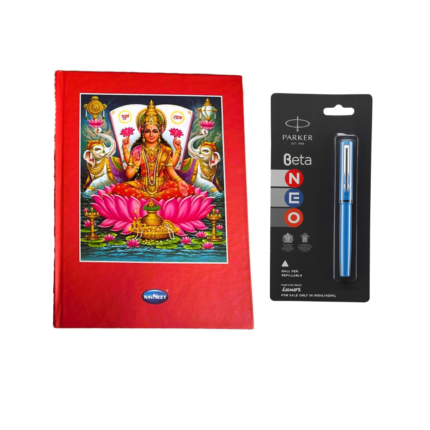 Navneet Case Bound Dhan Laxmi Ruled Notebook featuring an elegant Laxmi image with a holy background and golden effects on the cover. Parker Beta Neo Chrome Trim Ball Pen: Sleek blue Parker Beta Neo Chrome Trim Ball Pen showcasing its vibrant body and stylish chrome accents.