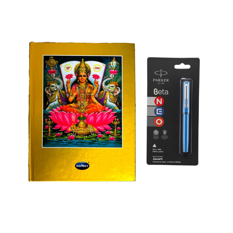 Navneet Dhan Laxmi ruled notebook with a gold-accented Laxmi design and Parker Beta Neo Chrome Trim Ball Pen, perfect for personal use and gifting.