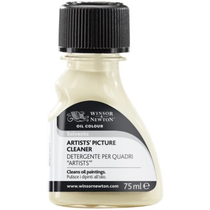 Winsor & Newton Artists' Picture Cleaner in a 75 ml bottle, ideal for cleaning varnished paintings and restoring artwork clarity.