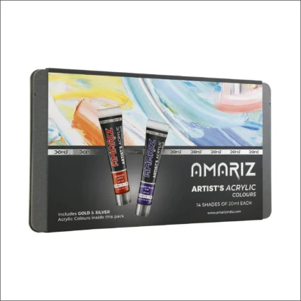 DOMS Amariz Artist’s Acrylic Colour Set of 14 vibrant 20ml tubes, perfect for versatile and vibrant artwork on canvas, wood, and mixed media.