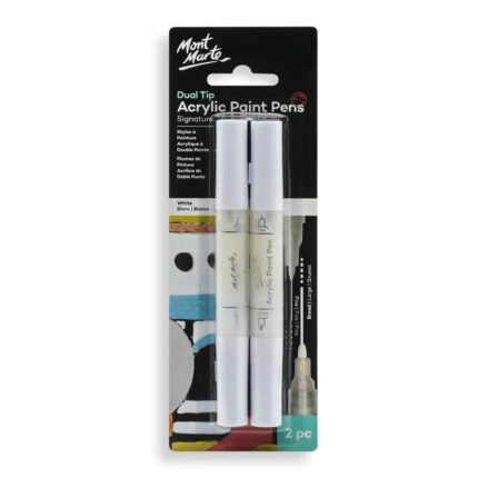Mont Marte Dual Tip Acrylic Paint Pens – White (2-Pack)! Featuring fine & broad tips, these acrylic paint markers work on canvas, wood, glass, stone & more. Quick-drying, smudge-proof & vibrant!