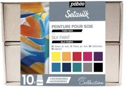Pebeo Setasilk Water-Based Fabric Paint for Silk – 10 Vibrant Colors (45ml) with Brush