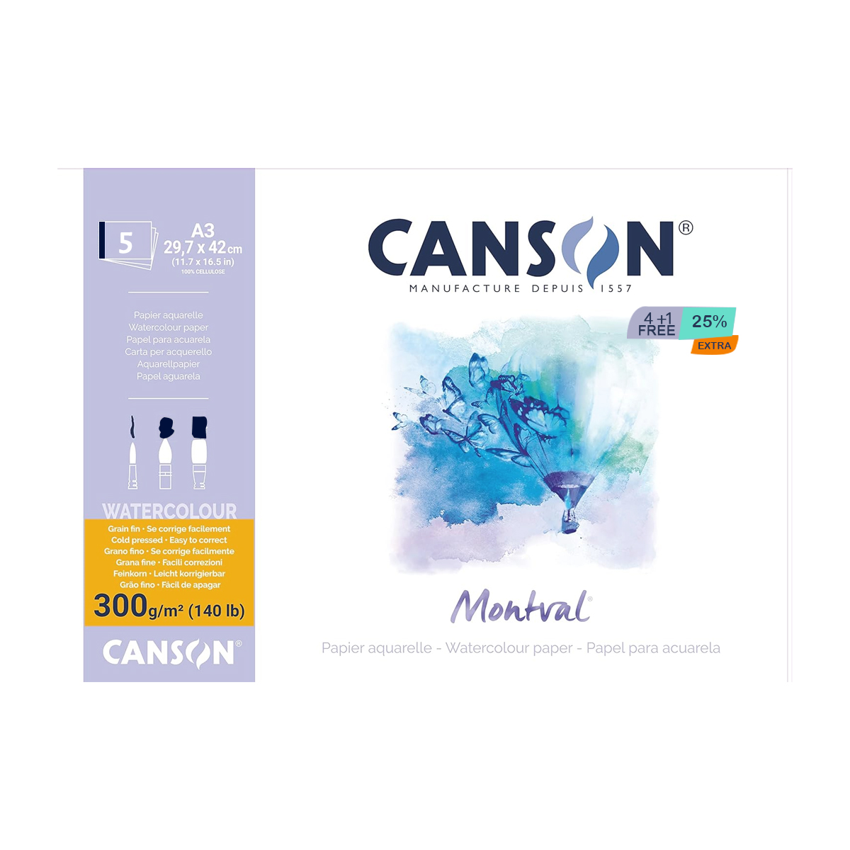 canson 5 Canson Montval 300 GSM A3 Watercolour Paper (4+1 Sheets)