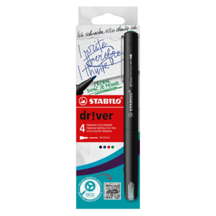 Stabilo | dr!ver Series | Premium Fineliner & Felt Tip | Pack of 4 | 0.8 MM | Black, Blue, Green, Red