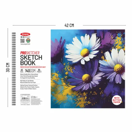 Anupam Pro Sketcher Drawing Book with Butter Paper Pages Spiral-Bound Sketchpad A3a140 GSM for Artists, Kids & Professionals 64 Pages)