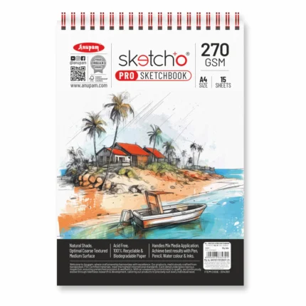 Anupam Sketch-O Pro Spiral Bound Sketchbook – 270 GSM Acid-Free Natural Shade Paper with Coarse Textured Surface - 15 Sheets