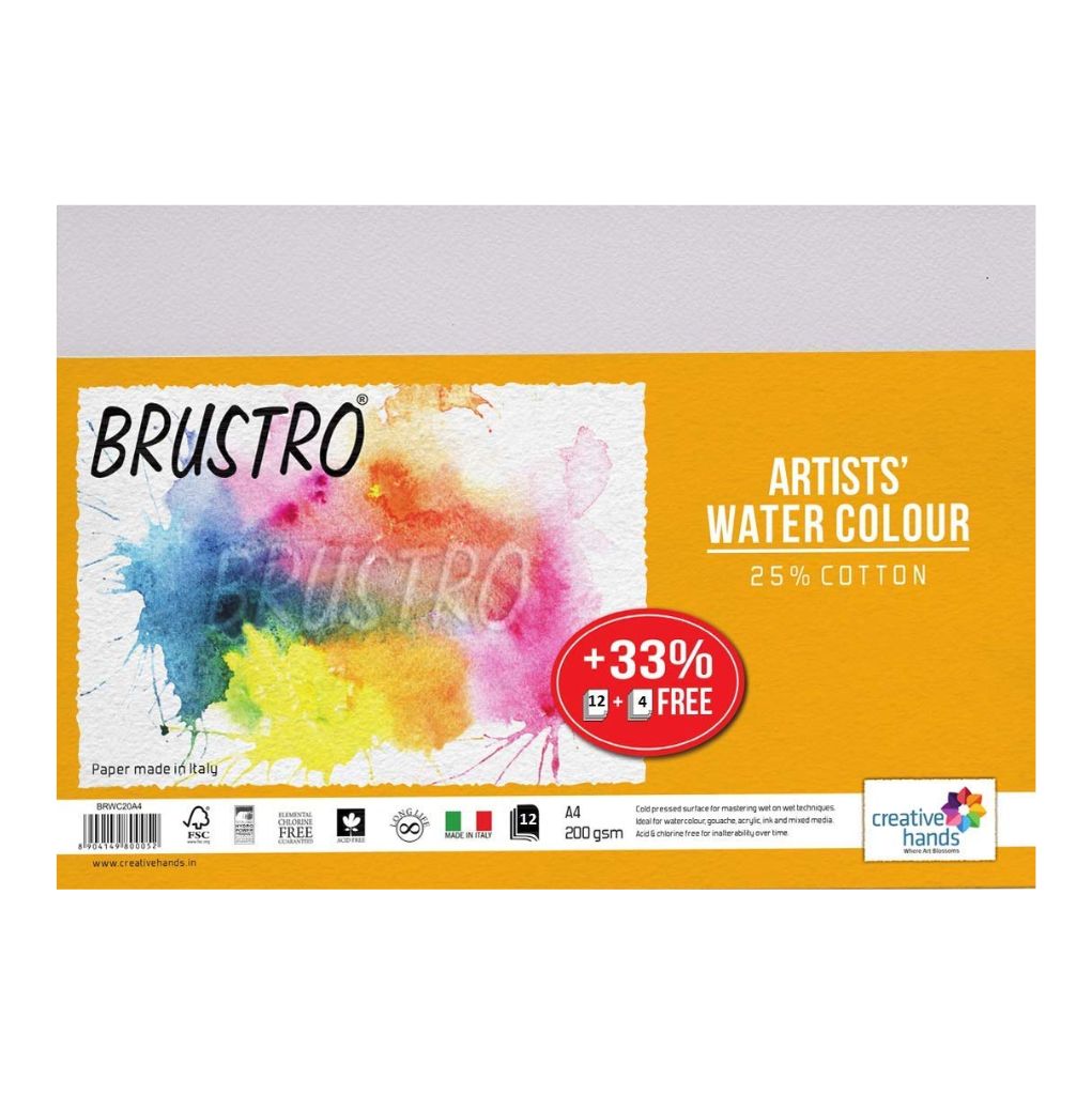 Brustro Wat Brustro Artists' Watercolour Paper 200 GSM A5 - 25% cotton Cold Pressed 2 Packets (Each Packet Contains 24 + 6 Sheets Free) - Image 1
