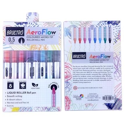 BRUSTRO AeroFlow Coloured Micro-Tip Roller Ball Pen | Tip size - 0.5 mm - Set of 8