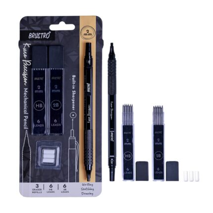 Brustro Kuro Precision Mechanical Pencil Tip Size- 2mm With 6- HB and 6- 2B Leads , Built-in-Sharpener, 3 Eraser Refill