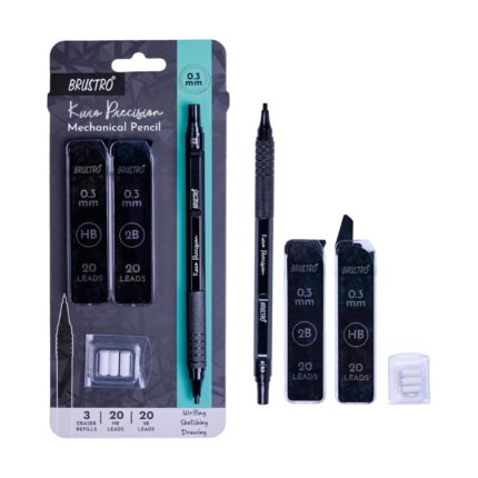 Brustro Kuro Precision Mechanical Pencil | Tip Size - 0.3mm With 20 - HB and 20 - 2B leads , 3 Eraser Refills