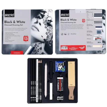 BRUSTRO Black and White Charcoal Drawing Set of 13 Pcs in a Metal Box