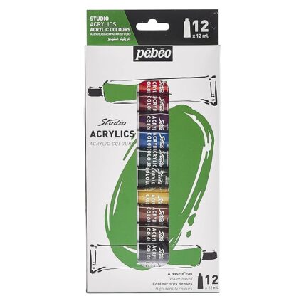 Pebeo Studio Acrylics Paint Set 12 Colours 12ml | High Viscosity Acrylic Paint for Canvas & Artists
