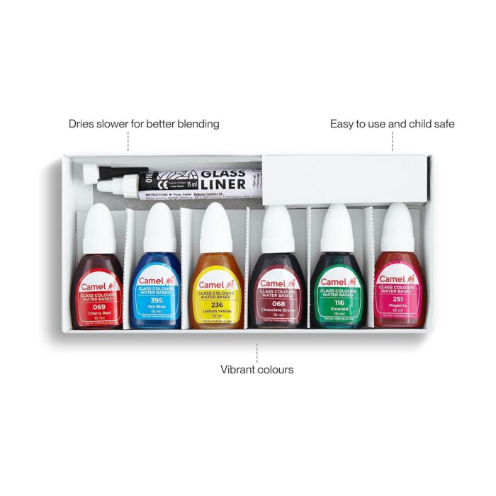 Camel Water-Based Glass Paints – 10ml Tubes, 6 Colors with Glass Liner - Image 4