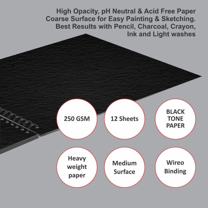 Anupam Pupil Black Toned Watercolour Paper Wireo Book 250 GSM - Image 3