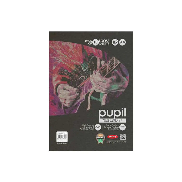A stack of Anupam Pupil Watercolour Black Toned Loose Sheets, 250 GSM, ideal for watercolour and mixed media art with a coarse texture, shown in A5, A4, and A3 sizes.