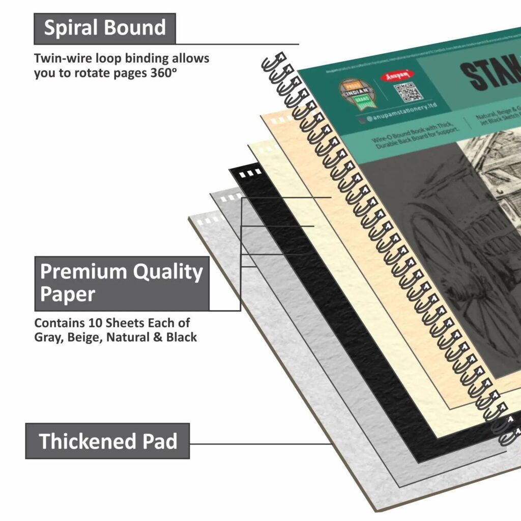 Anupam Stak 4 Colors Toned Sketch Paper Size A4 Wire-o Book (40 sheet)