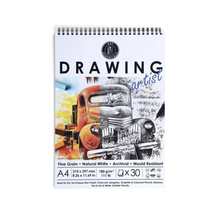 Art Essentials Artist Drawing Paper Natural White Fine Grain 180GSM,30SHT - Spiral Pad - Image 1