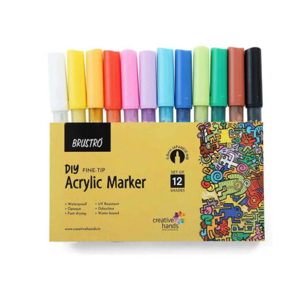 Brustro Acrylic (DIY) Fine Tip Marker displaying vibrant colors with a fine 0.8mm nib, perfect for various surfaces including canvas and glass.