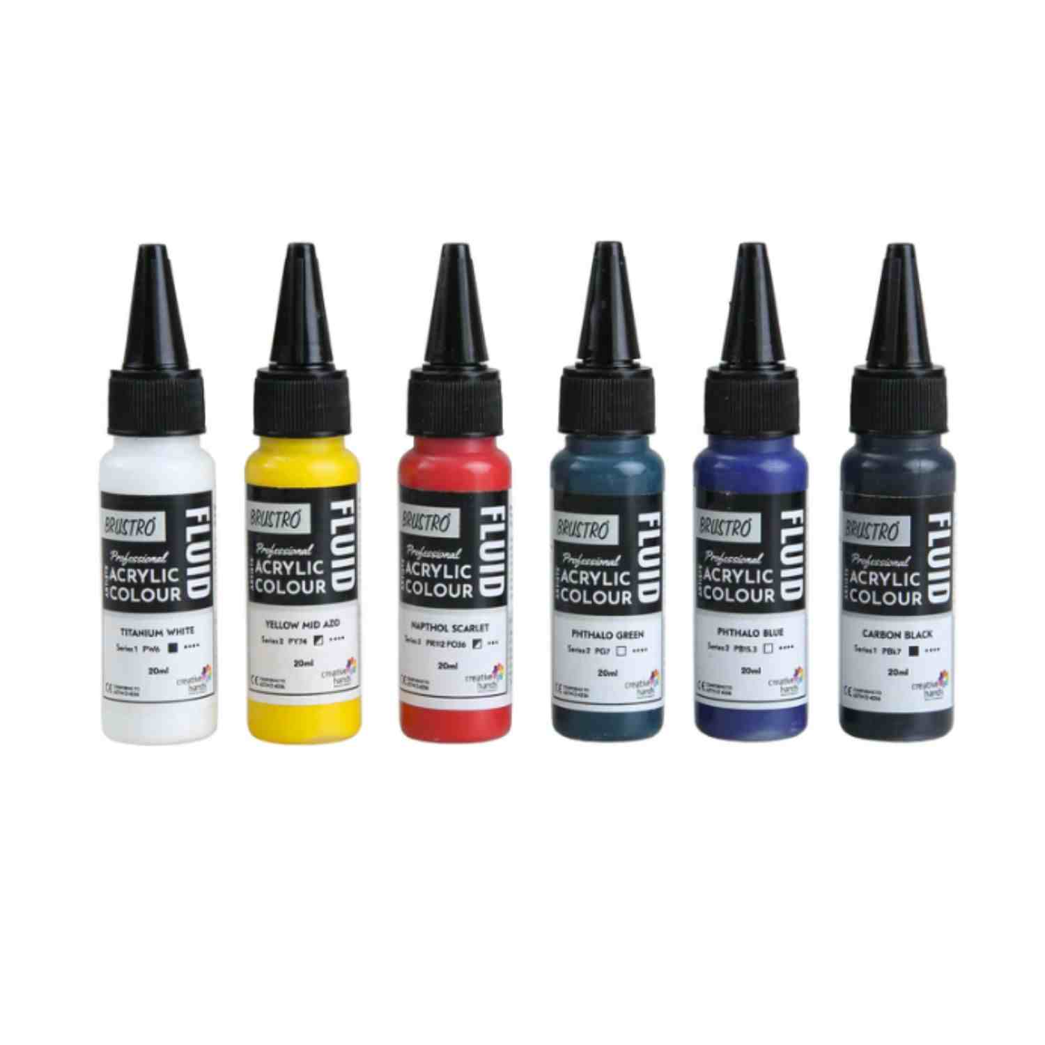 Brustro Afc Brustro Professional Artists Fluid Acrylic 20 ml Primary Colours Pack of 5 + 1 Free (Titanium White, Yellow Mid AZO, Napthol Scarlet, Phthalo Blue, Phthalo Green and Carbon Black) - Image 1