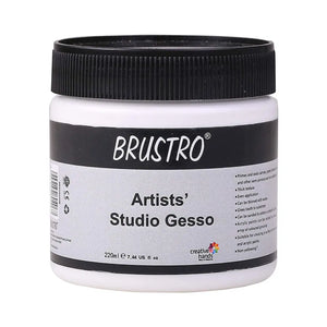 Brustro Artists Studio White Gesso 220ml jar, a high-quality primer for artists, ideal for canvas, paper, and oil painting.