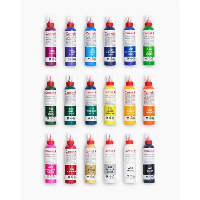 Camel Fluid Acrylic Colours Assorted Pack in18 Shades