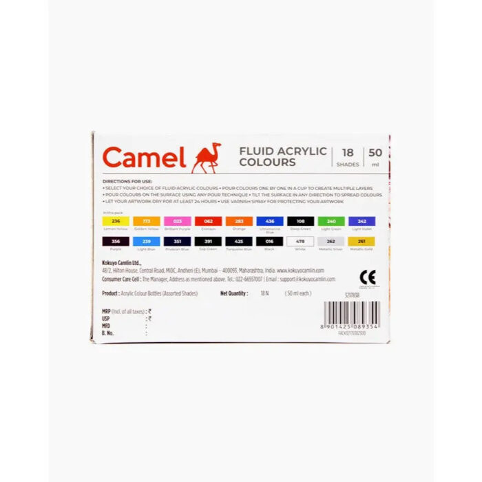 Camel Fluid Acrylic Colours Assorted Pack in18 Shades