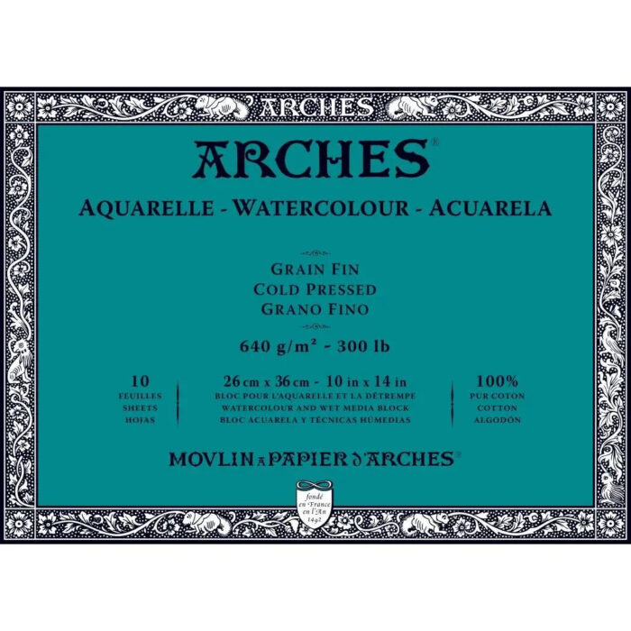 Arches Watercolour-Aquarelle-Natural White Fine Grain/Cold Press,640GSM,4 Side Glued Pad,10SHT - Image 1