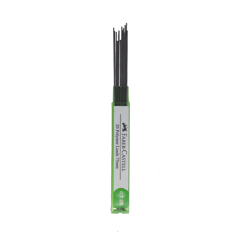 Close-up image of Faber-Castell Pencil Lead Tubes for 0.5mm and 0.7mm mechanical pencils, featuring a durable design and intense black lead options.