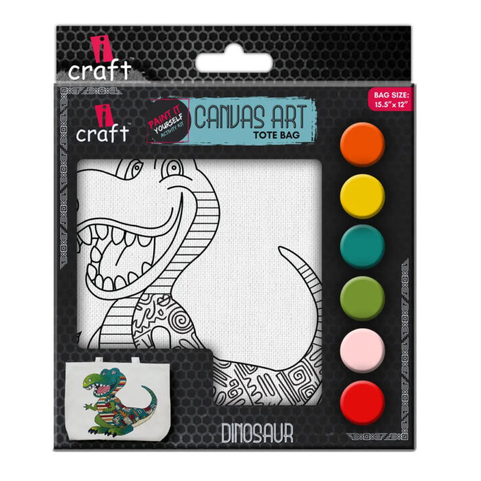 iCraft DIY Canvas Tote Bag Paint It Yourself Activity DIY Fashion Art Kit-Dinosaur - Image 1