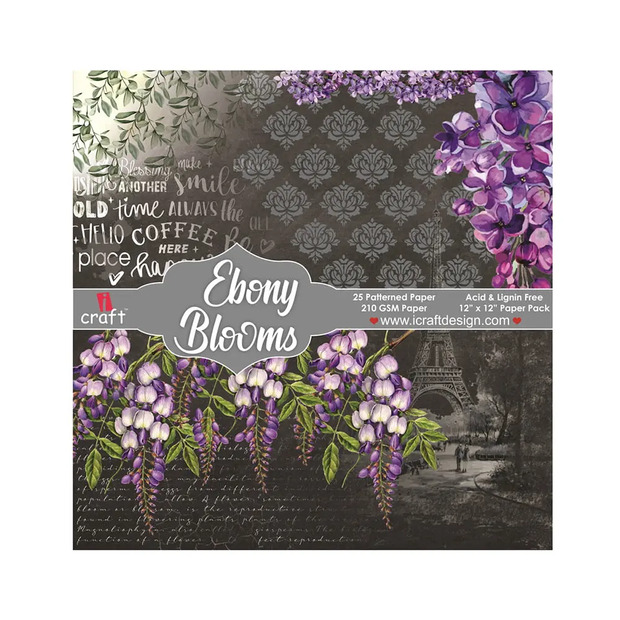 iCraft Paper Pattern 12×12 – EBONY BLOOMS with bold black floral designs, perfect for crafts, scrapbooking, and DIY projects.