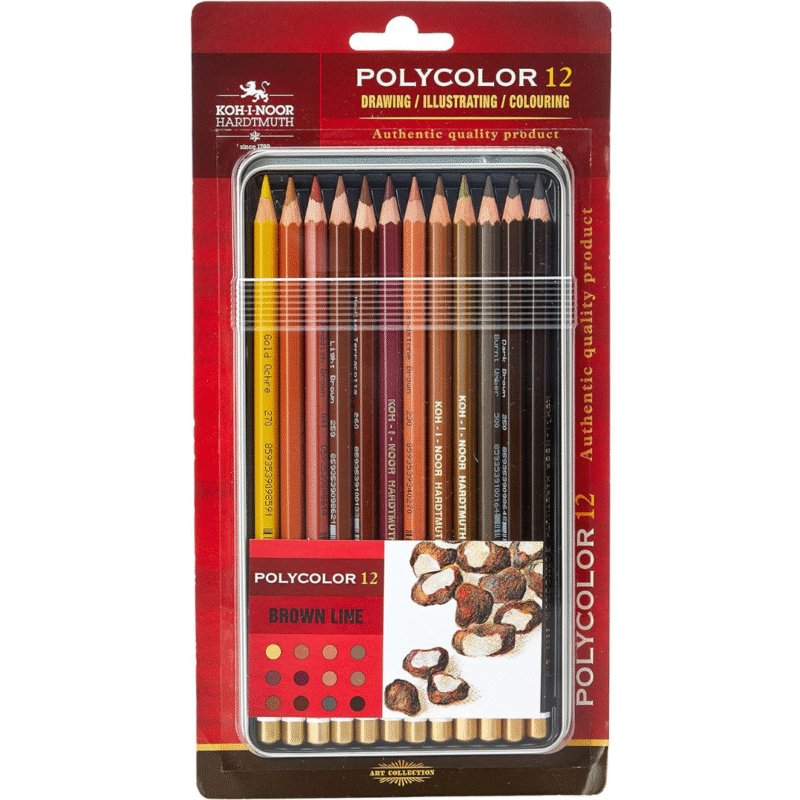 Kohinoor Hardtmuth Polycolor Artists Coloured Pencils - Brown Line Set Of 12 In Tin Box