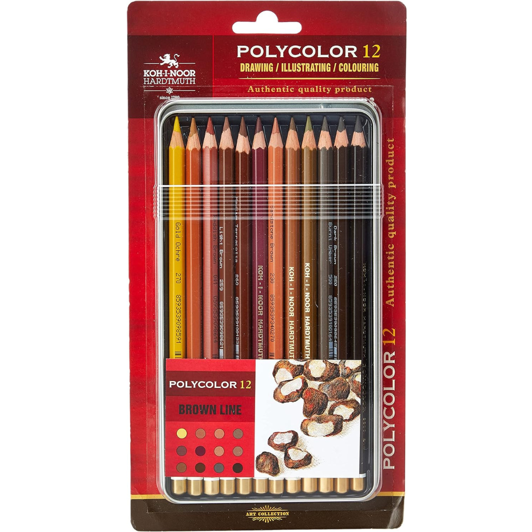 Kohinoor Hardtmuth Polycolor Artists Coloured Pencils – Brown Line Set Of 12 In Tin Box Kohinoor Hardtmuth Polycolor Artists Coloured Pencils - Brown Line Set Of 12 In Tin Box