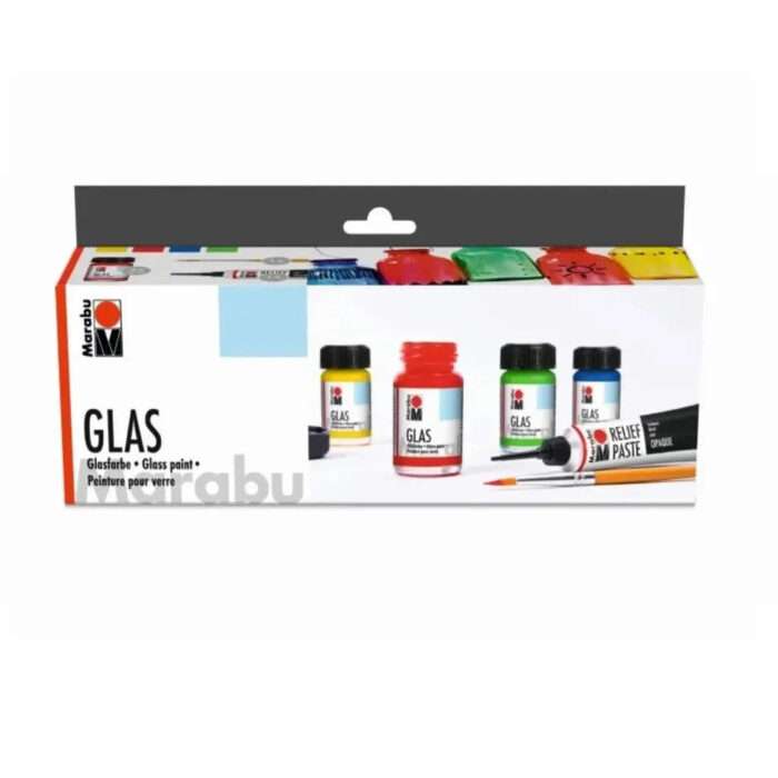 Marabu Glas - Water-Based Glass Starter Set - 4 x 15 ML Bottle With Brush and Relief Paste - Image 1