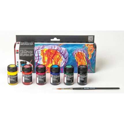 Marabu Graphix Aqua Ink Starter Set 6 x 15ml with Brush | Watercolour Ink for Calligraphy, Illustration & Artists
