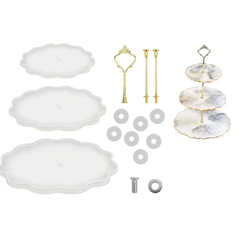 Three-tier resin cake stand created using Pablo Art silicone molds, showcasing a custom resin design with artistic details in a modern display setup.