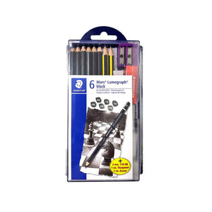 Staedtler 6 Mars Lumograph Black Set with six black graphite pencils, two triangular pencils, metal sharpener, and logo eraser in a sleek metal tin
