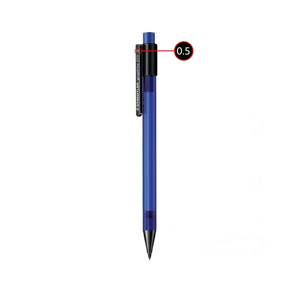 Close-up of the Staedtler 777 Graphite Mechanical Pencil with an ergonomic triangular shape and non-slip rubber grip zone.